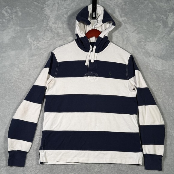 Polo Ralph Lauren Hoodie Mens Medium Navy White Striped Rugby Cotton Pullover - Picture 1 of 10